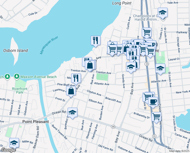map of restaurants, bars, coffee shops, grocery stores, and more near 800 Rue Avenue in Point Pleasant