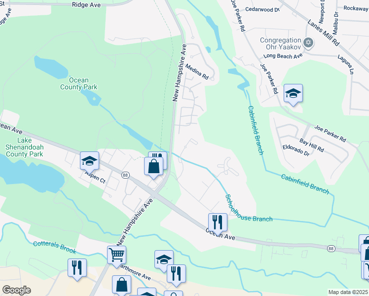 map of restaurants, bars, coffee shops, grocery stores, and more near 16 Fountain Drive in Lakewood Township