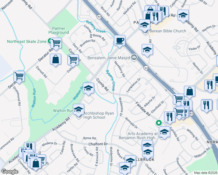 map of restaurants, bars, coffee shops, grocery stores, and more near 3301 Comly Road in Philadelphia