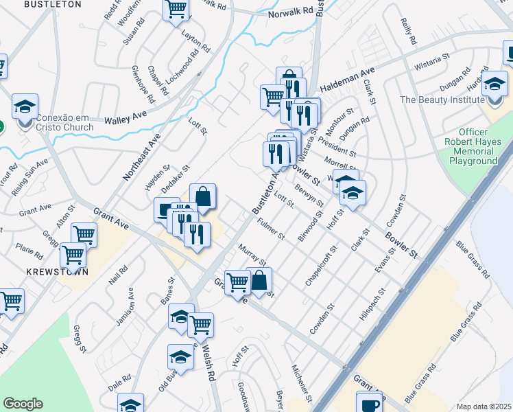 map of restaurants, bars, coffee shops, grocery stores, and more near 9726 Bustleton Avenue in Philadelphia