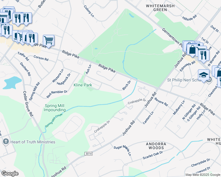 map of restaurants, bars, coffee shops, grocery stores, and more near 282 Birch Drive in Lafayette Hill