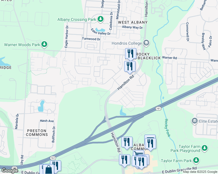 map of restaurants, bars, coffee shops, grocery stores, and more near 5332 Nottinghamshire Lane in Westerville