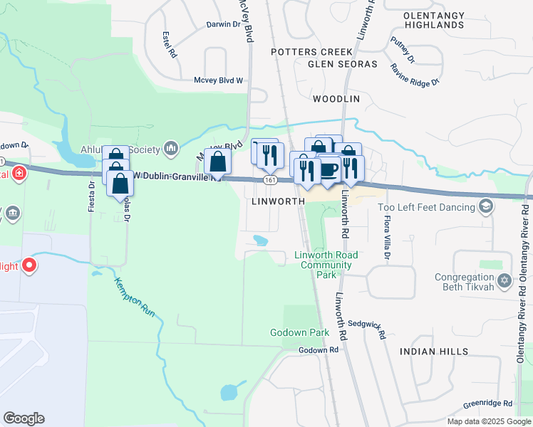 map of restaurants, bars, coffee shops, grocery stores, and more near 6380 Eberstark Drive in Columbus