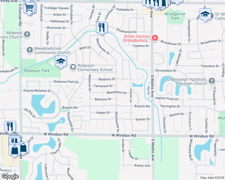 map of restaurants, bars, coffee shops, grocery stores, and more near 2207 Tamarack Drive in Champaign