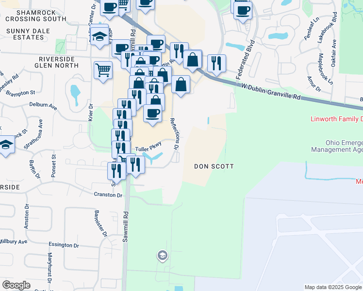 map of restaurants, bars, coffee shops, grocery stores, and more near 6486 Reflections Drive in Dublin