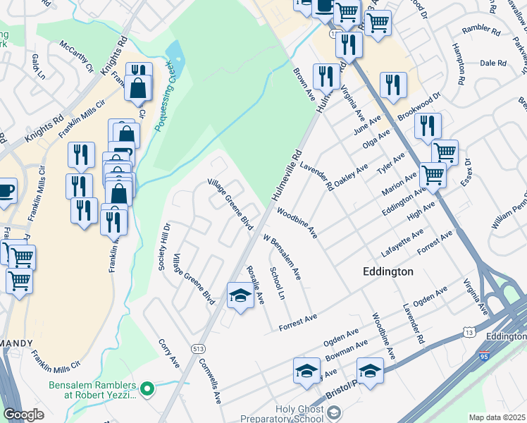 map of restaurants, bars, coffee shops, grocery stores, and more near 2516 New Market Square North in Bucks County