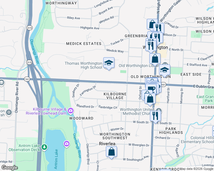 map of restaurants, bars, coffee shops, grocery stores, and more near 219 East Dublin Granville Road in Worthington