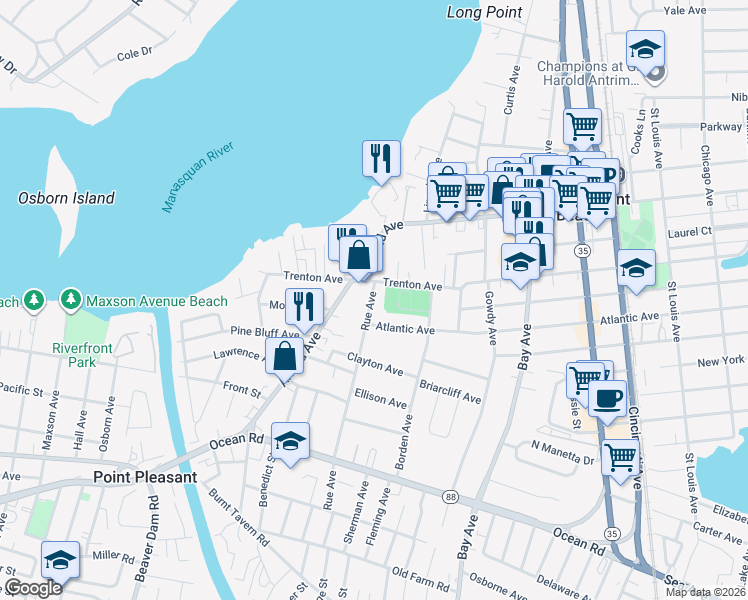map of restaurants, bars, coffee shops, grocery stores, and more near 800 Rue Avenue in Point Pleasant