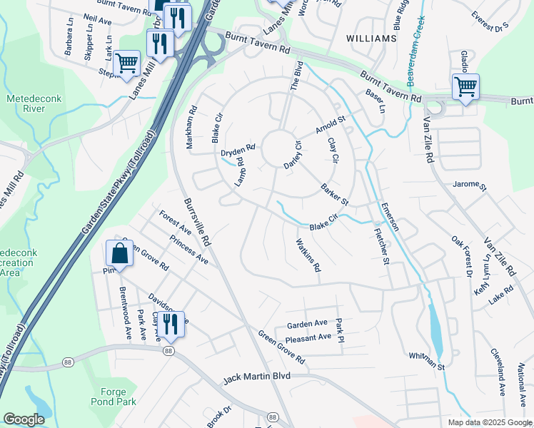 map of restaurants, bars, coffee shops, grocery stores, and more near 27 Central Boulevard in Brick Township