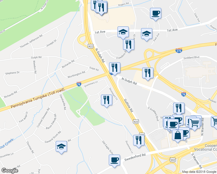 map of restaurants, bars, coffee shops, grocery stores, and more near 274 Drummers Lane in Wayne
