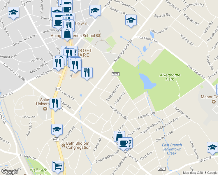 map of restaurants, bars, coffee shops, grocery stores, and more near 339 Wellington Terrace in Jenkintown