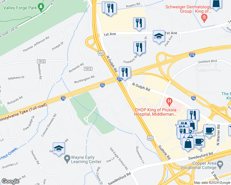map of restaurants, bars, coffee shops, grocery stores, and more near 376 Drummers Lane in Wayne