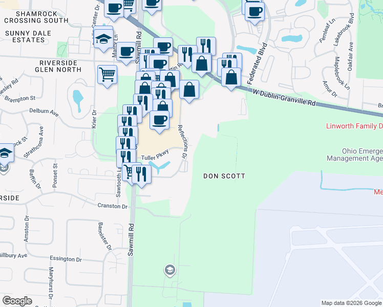map of restaurants, bars, coffee shops, grocery stores, and more near 6606 Reflections Dr in Dublin