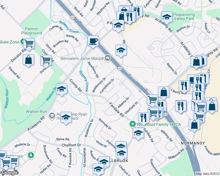map of restaurants, bars, coffee shops, grocery stores, and more near 3823 Salina Road in Philadelphia