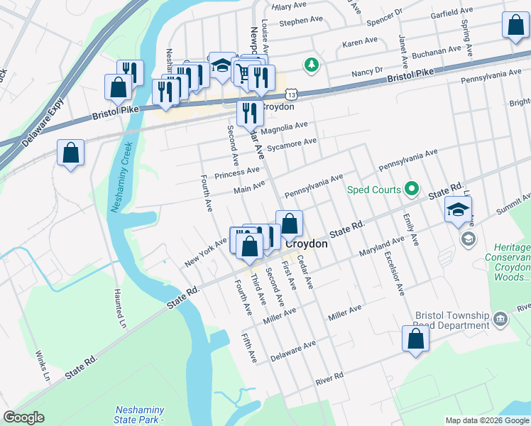 map of restaurants, bars, coffee shops, grocery stores, and more near 603 1st Avenue in Croydon