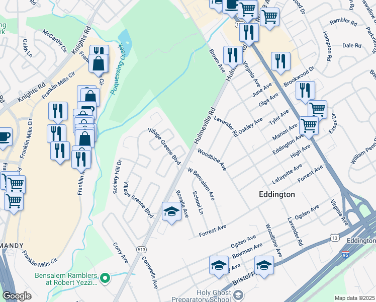 map of restaurants, bars, coffee shops, grocery stores, and more near 2516 New Market Square North in Bucks County