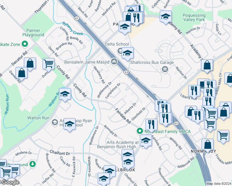 map of restaurants, bars, coffee shops, grocery stores, and more near 3823 Salina Road in Philadelphia