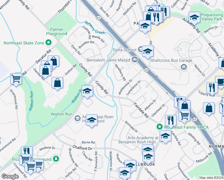 map of restaurants, bars, coffee shops, grocery stores, and more near 3333 Comly Road in Philadelphia