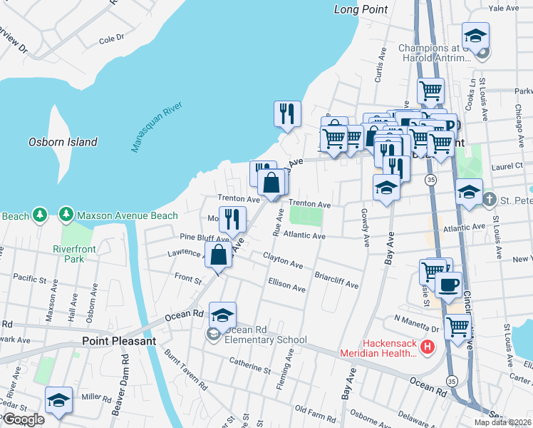 map of restaurants, bars, coffee shops, grocery stores, and more near 902 Arnold Avenue in Point Pleasant