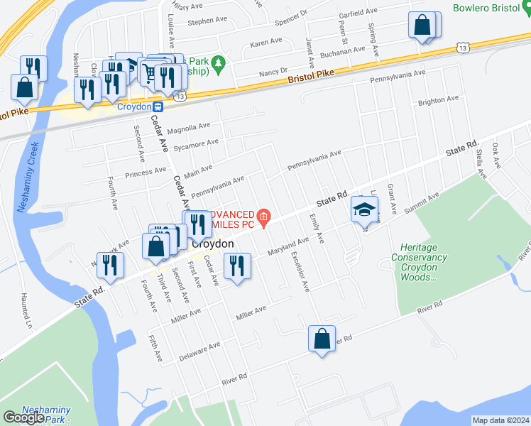 map of restaurants, bars, coffee shops, grocery stores, and more near 725 Rosa Avenue in Croydon