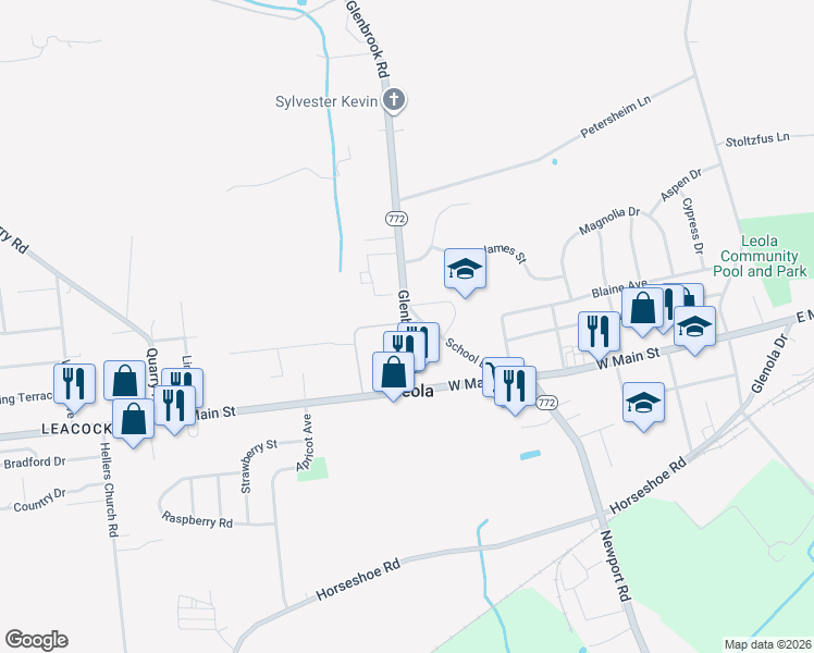 map of restaurants, bars, coffee shops, grocery stores, and more near 30 Glenbrook Road in Leacock-Leola-Bareville
