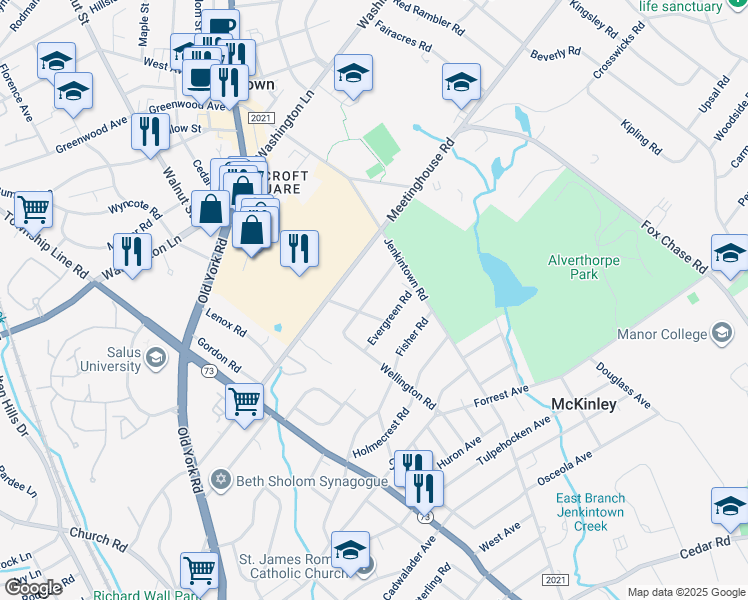 map of restaurants, bars, coffee shops, grocery stores, and more near 339 Wellington Terrace in Jenkintown