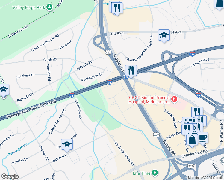map of restaurants, bars, coffee shops, grocery stores, and more near 348 Drummers Lane in Wayne