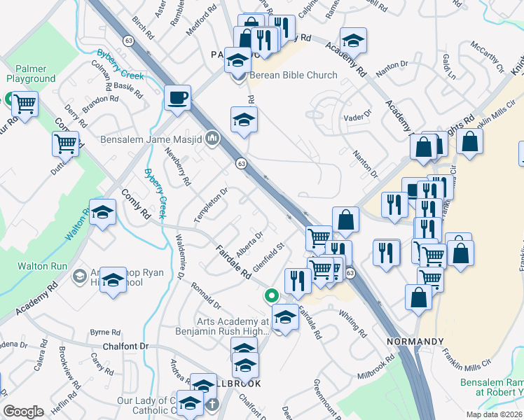 map of restaurants, bars, coffee shops, grocery stores, and more near 12117 Covert Road in Philadelphia