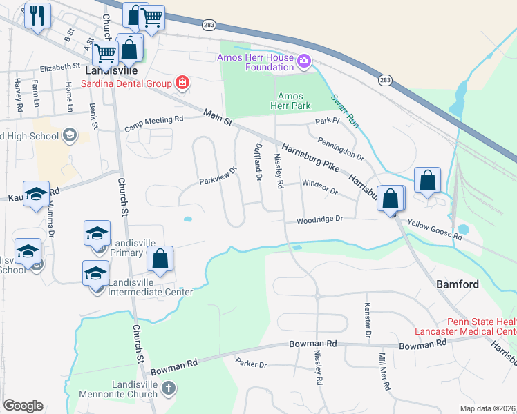 map of restaurants, bars, coffee shops, grocery stores, and more near 1515 Duffland Drive in Salunga-Landisville
