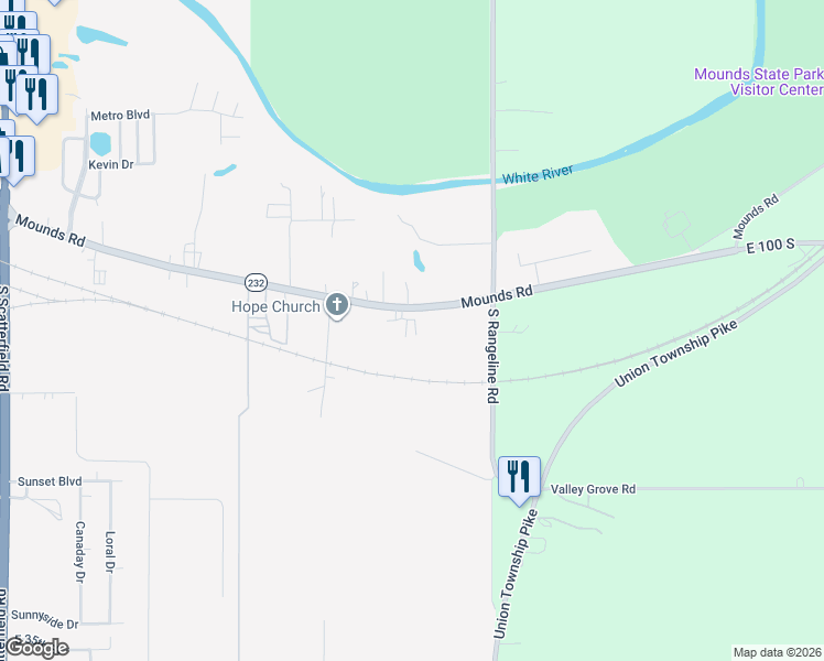 map of restaurants, bars, coffee shops, grocery stores, and more near 3121 Mounds Road in Anderson