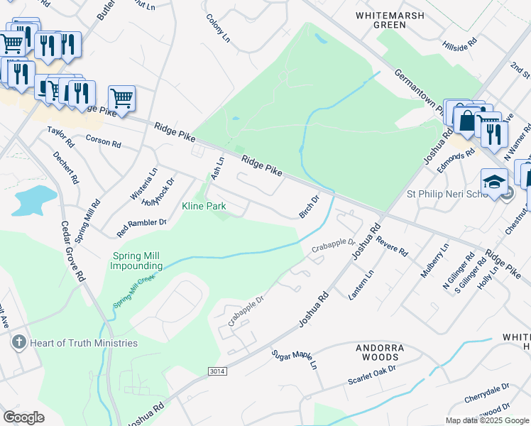 map of restaurants, bars, coffee shops, grocery stores, and more near 282 Birch Drive in Lafayette Hill