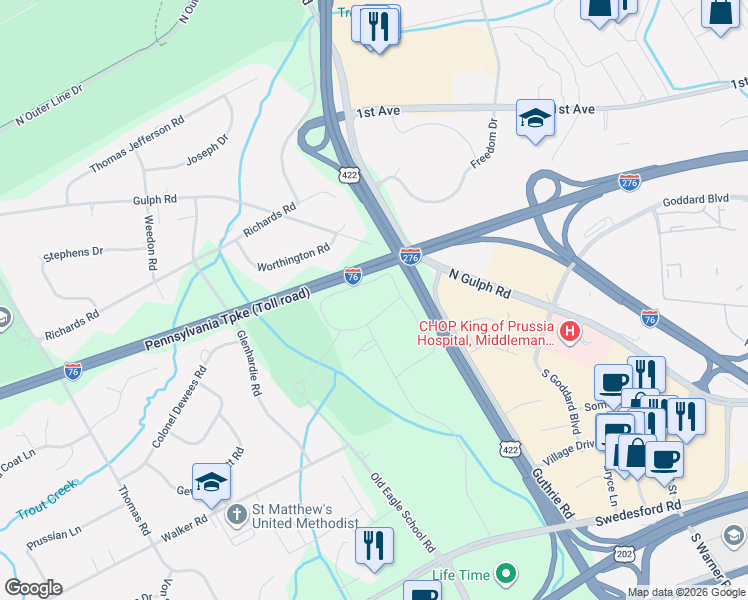 map of restaurants, bars, coffee shops, grocery stores, and more near 389 Drummers Lane in Wayne