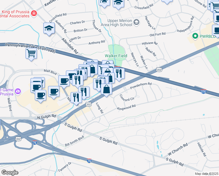 map of restaurants, bars, coffee shops, grocery stores, and more near 140 Allendale Road in King of Prussia