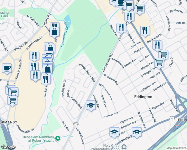map of restaurants, bars, coffee shops, grocery stores, and more near 2563 New Market Square North in Bucks County