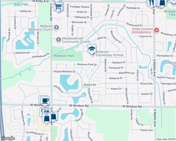 map of restaurants, bars, coffee shops, grocery stores, and more near 2108 Morningview Pl in Champaign