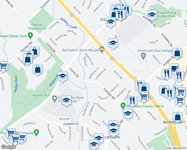 map of restaurants, bars, coffee shops, grocery stores, and more near 11913 Waldemire Drive in Philadelphia