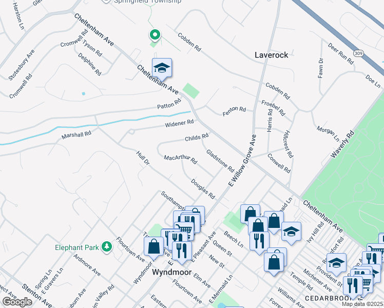 map of restaurants, bars, coffee shops, grocery stores, and more near 8207 Macarthur Road in Wyndmoor