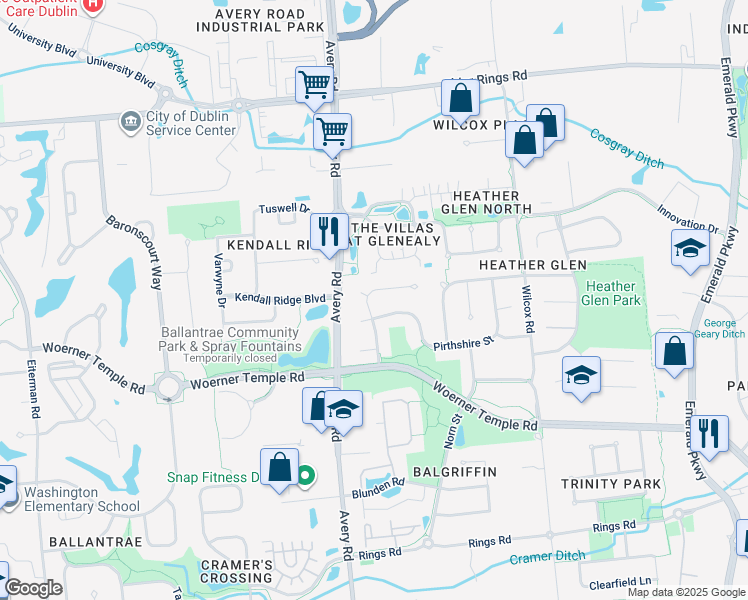 map of restaurants, bars, coffee shops, grocery stores, and more near 5860 Sandy Rings Lane in Dublin