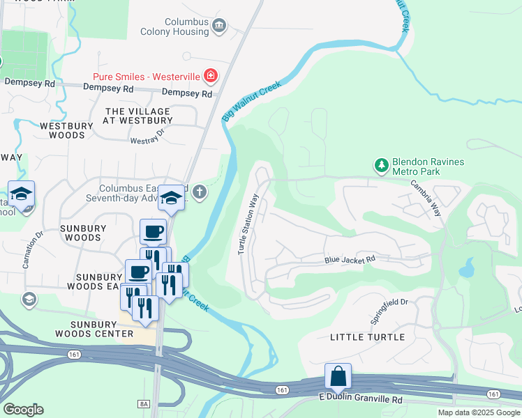 map of restaurants, bars, coffee shops, grocery stores, and more near 5574 Telluride Bluff in Westerville