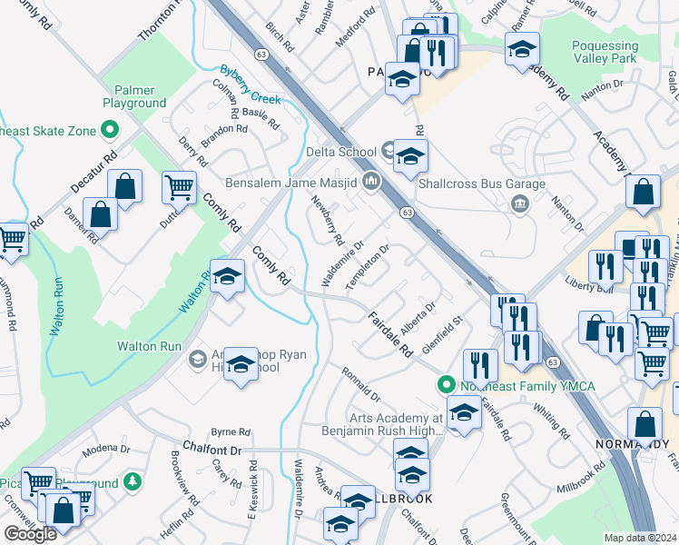 map of restaurants, bars, coffee shops, grocery stores, and more near 11913 Waldemire Drive in Philadelphia