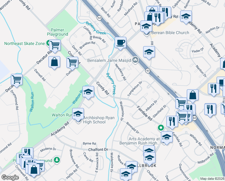 map of restaurants, bars, coffee shops, grocery stores, and more near 3301 Comly Road in Philadelphia