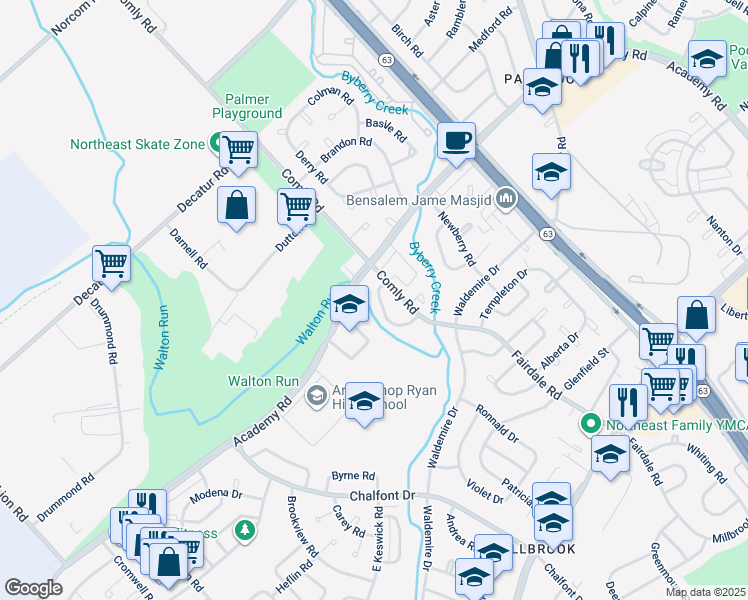 map of restaurants, bars, coffee shops, grocery stores, and more near 3222 Rhett Road in Philadelphia