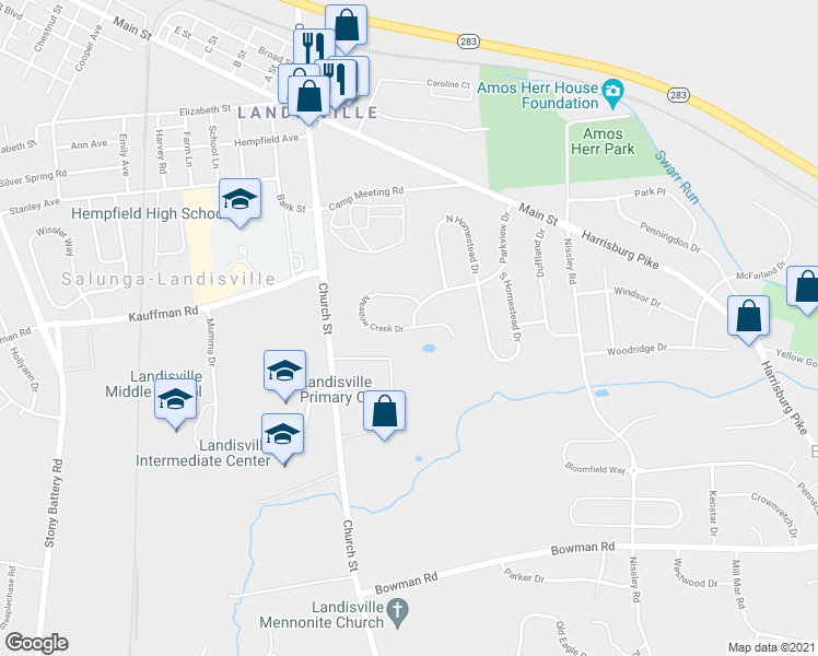 map of restaurants, bars, coffee shops, grocery stores, and more near 141 Meadow Creek Drive in Salunga-Landisville