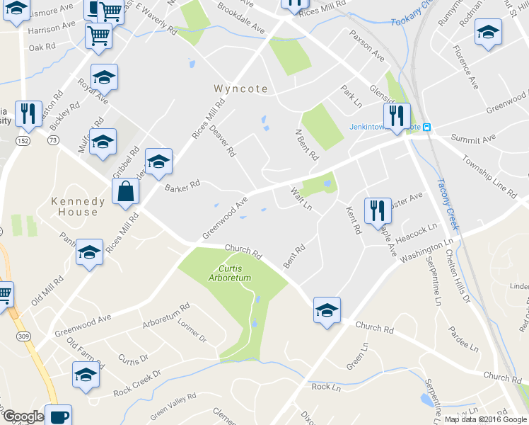 map of restaurants, bars, coffee shops, grocery stores, and more near 426 Greenwood Avenue in Wyncote