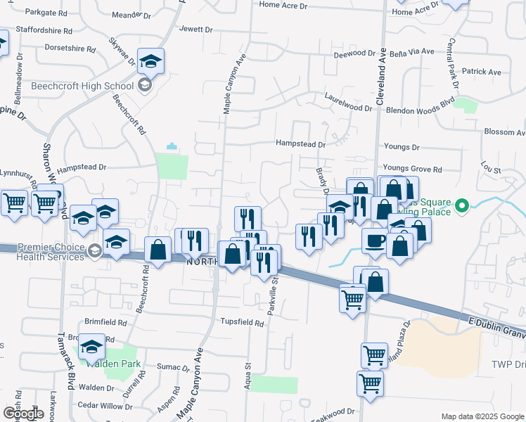 map of restaurants, bars, coffee shops, grocery stores, and more near 5854 Spring Rock Circle in Columbus