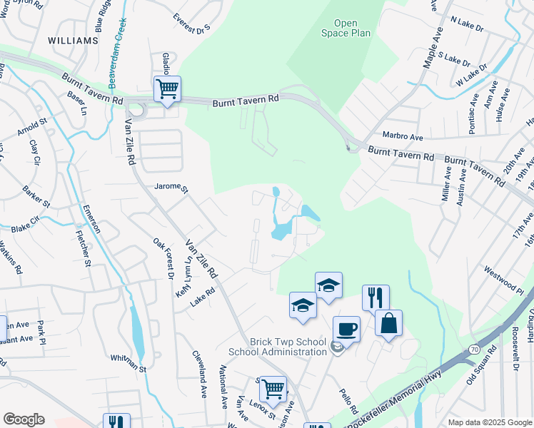 map of restaurants, bars, coffee shops, grocery stores, and more near 89 Brandywine Court in Brick Township