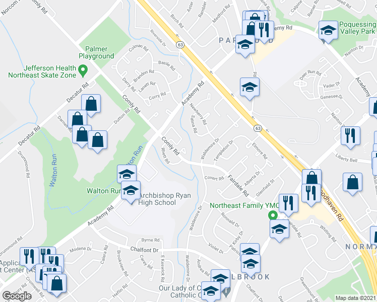 map of restaurants, bars, coffee shops, grocery stores, and more near 3301 Comly Road in Philadelphia