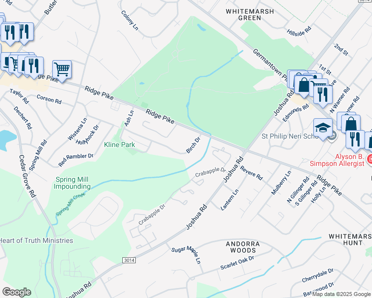 map of restaurants, bars, coffee shops, grocery stores, and more near 311 Birch Drive in Lafayette Hill
