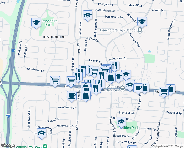 map of restaurants, bars, coffee shops, grocery stores, and more near 1701 Durbridge Road in Columbus