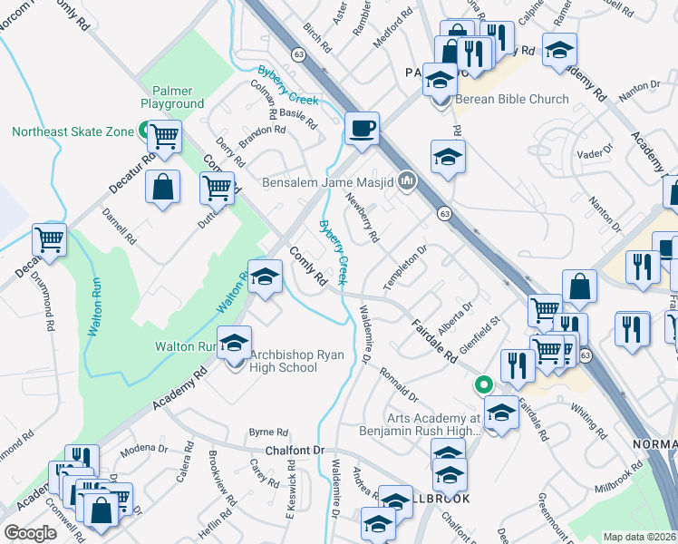 map of restaurants, bars, coffee shops, grocery stores, and more near 3301 Comly Road in Philadelphia